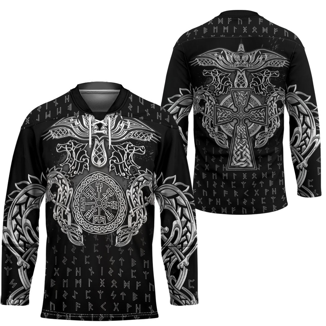 Viking Vegvisir Serpent Rune Cross Hockey Jersey Nordic Knotwork Runic Engraving Style
