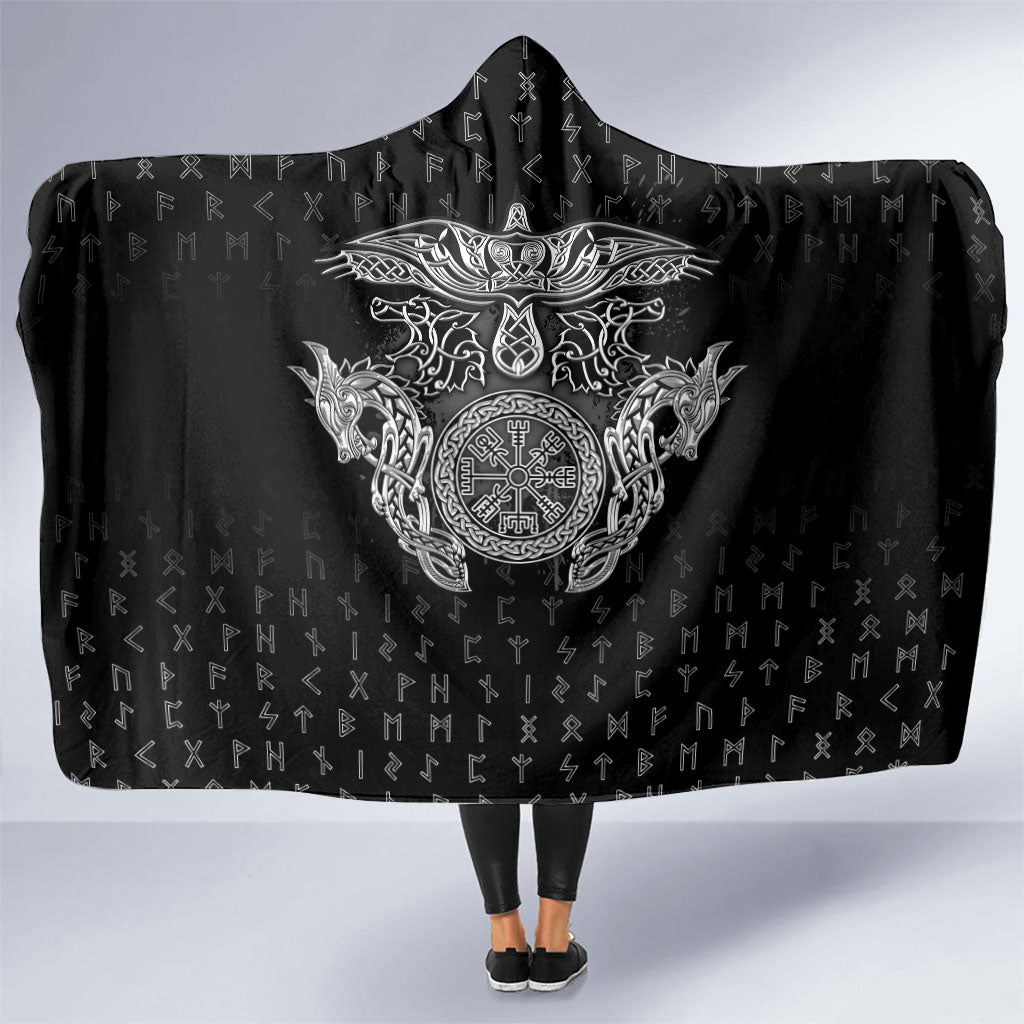 Viking Vegvisir Serpent Rune Cross Hooded Blanket Nordic Knotwork Runic Engraving Style
