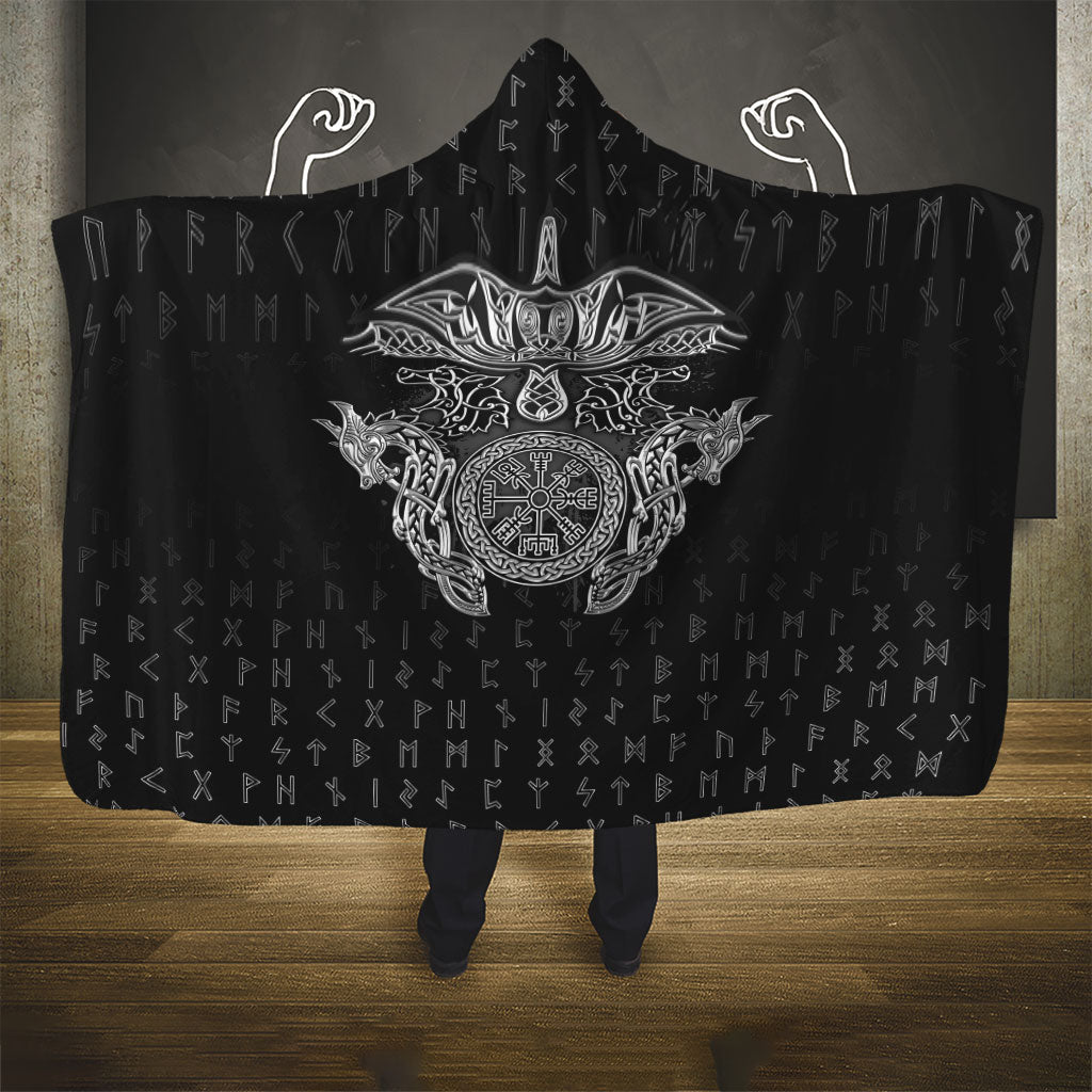 Viking Vegvisir Serpent Rune Cross Hooded Blanket Nordic Knotwork Runic Engraving Style