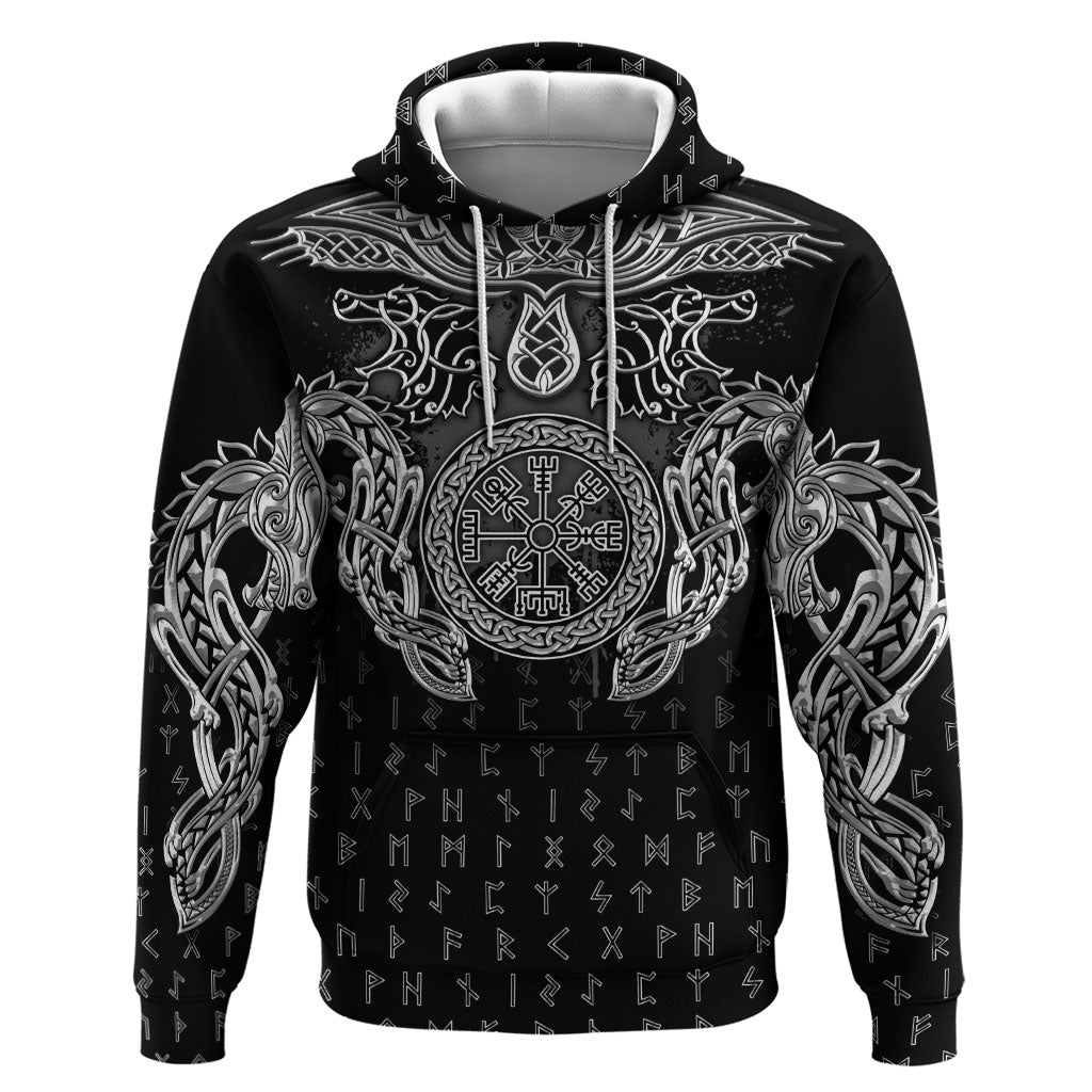 Viking Vegvisir Serpent Rune Cross Hoodie Nordic Knotwork Runic Engraving Style