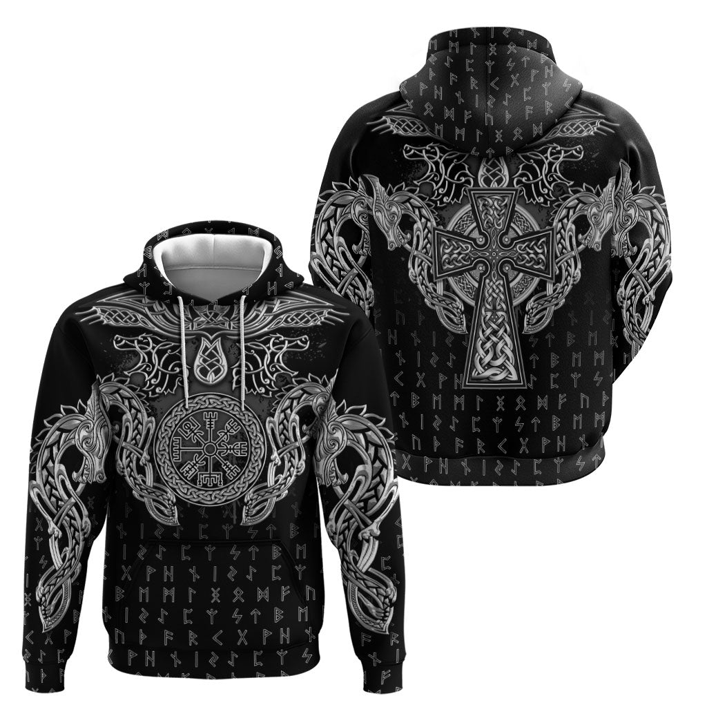 Viking Vegvisir Serpent Rune Cross Hoodie Nordic Knotwork Runic Engraving Style