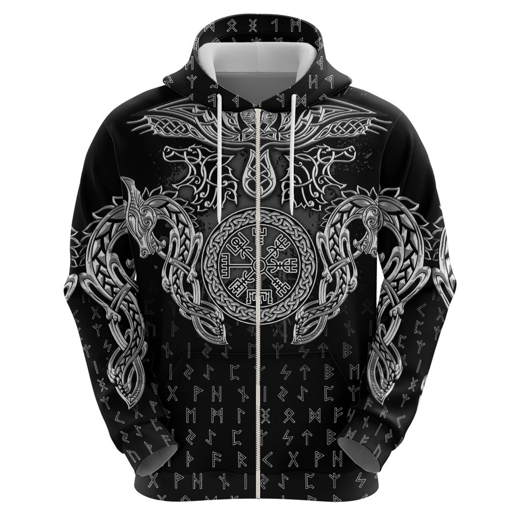 Viking Vegvisir Serpent Rune Cross Hoodie Nordic Knotwork Runic Engraving Style