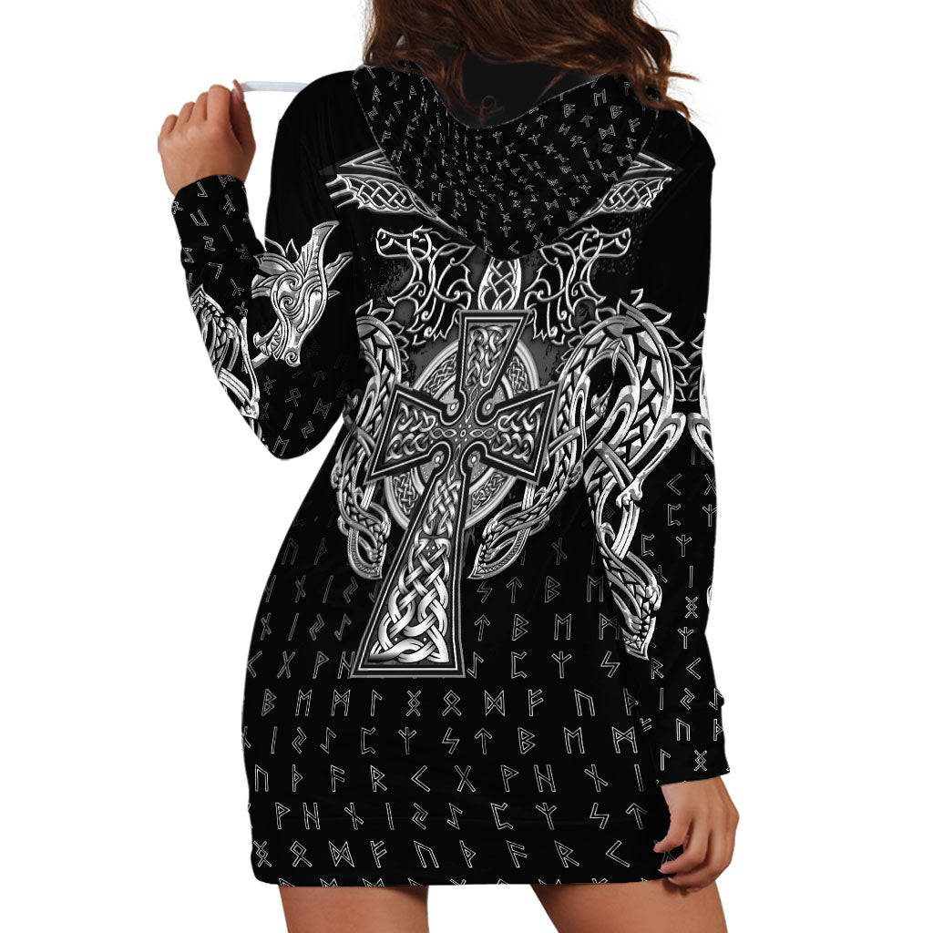 Viking Vegvisir Serpent Rune Cross Hoodie Dress Nordic Knotwork Runic Engraving Style