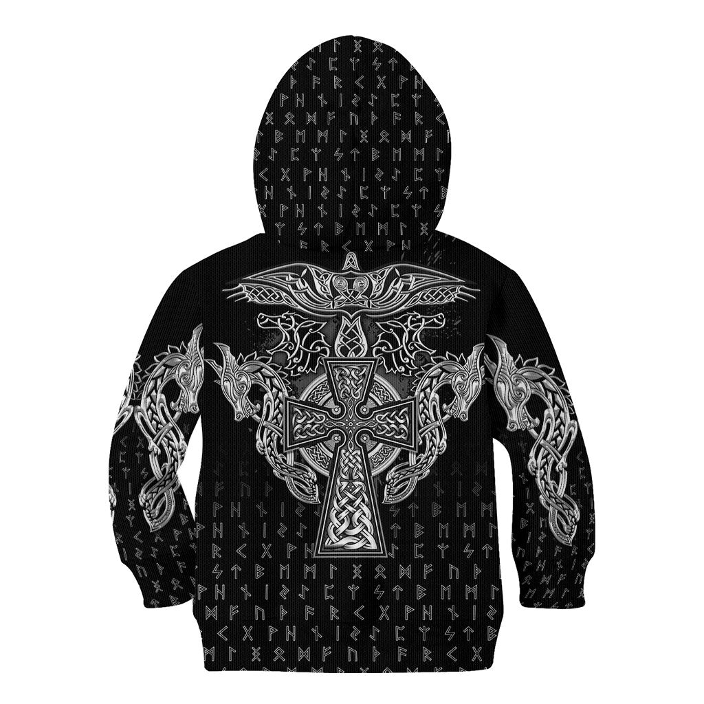 Viking Vegvisir Serpent Rune Cross Kid Hoodie Nordic Knotwork Runic Engraving Style