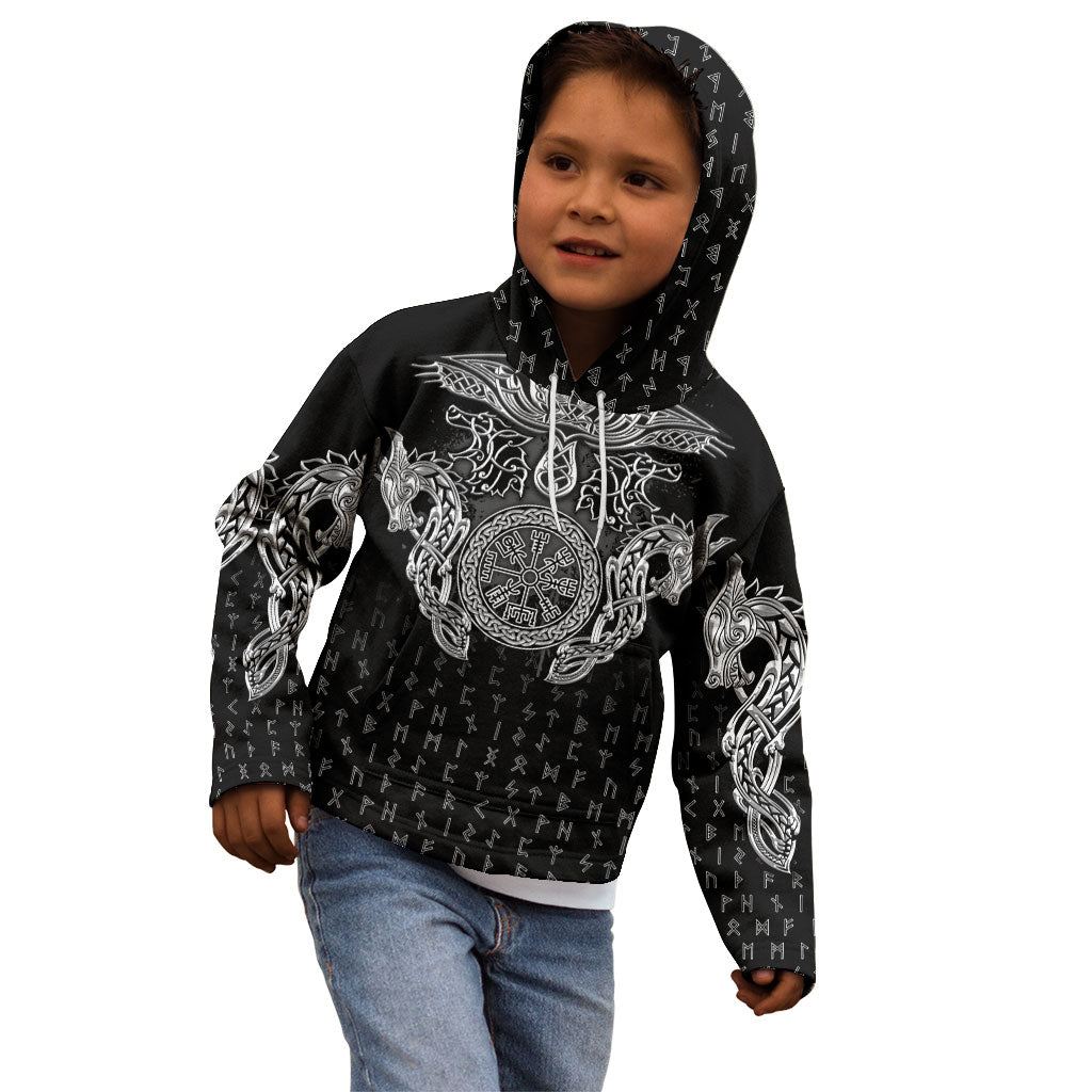 Viking Vegvisir Serpent Rune Cross Kid Hoodie Nordic Knotwork Runic Engraving Style