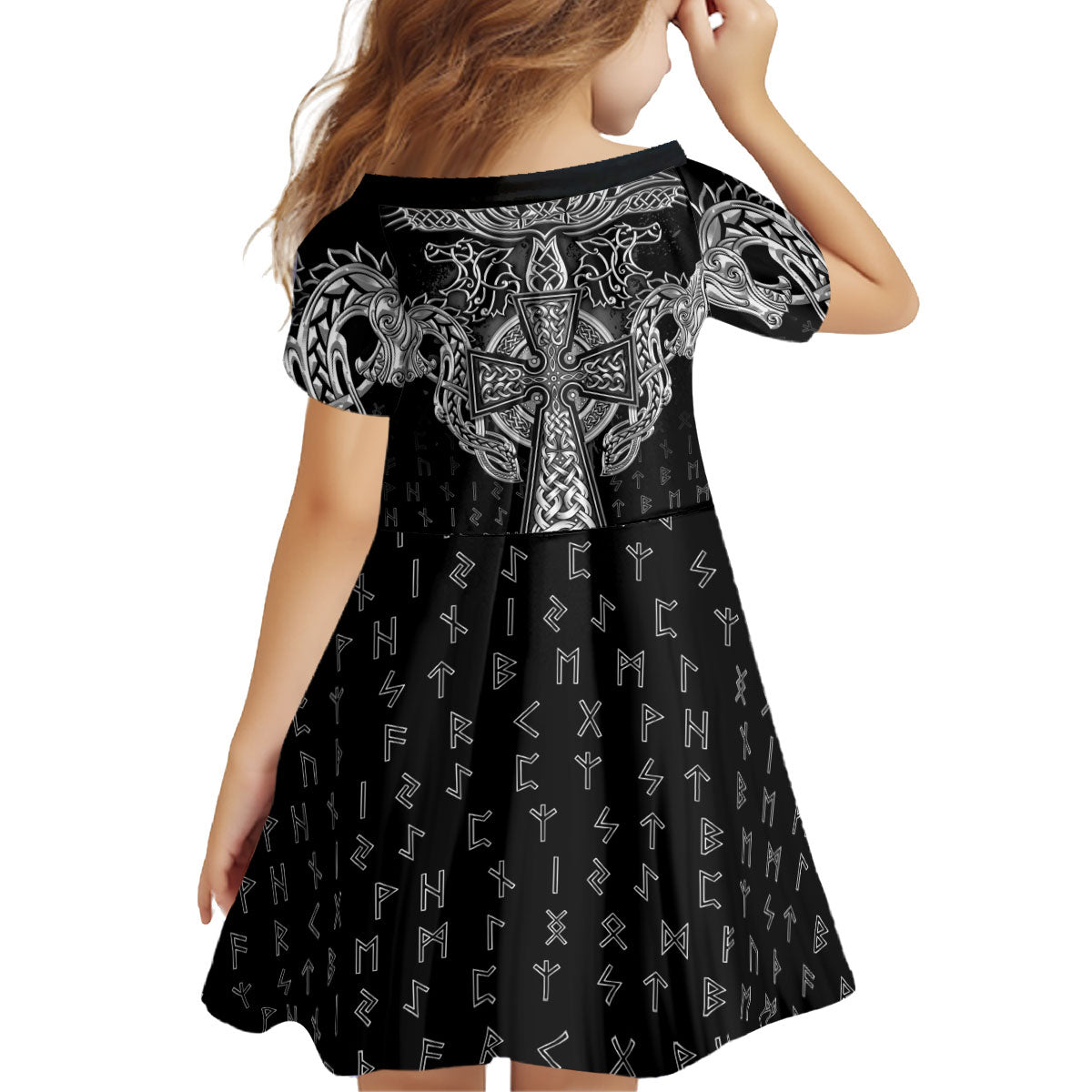 Viking Vegvisir Serpent Rune Cross Kid Short Sleeve Dress Nordic Knotwork Runic Engraving Style