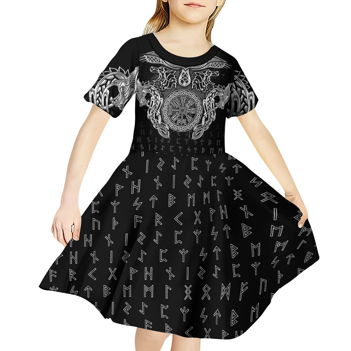 Viking Vegvisir Serpent Rune Cross Kid Short Sleeve Dress Nordic Knotwork Runic Engraving Style