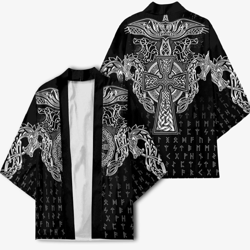 Viking Vegvisir Serpent Rune Cross Kimono Nordic Knotwork Runic Engraving Style