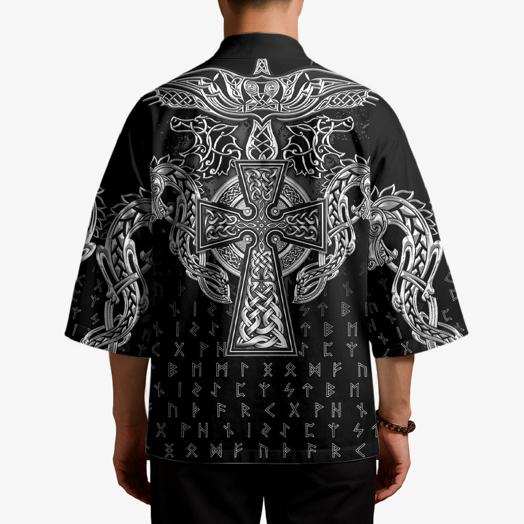 Viking Vegvisir Serpent Rune Cross Kimono Nordic Knotwork Runic Engraving Style