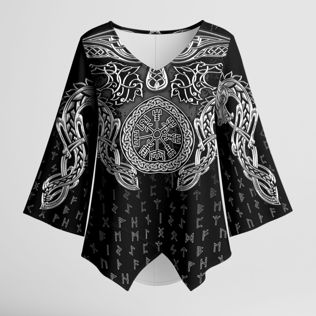 Viking Vegvisir Serpent Rune Cross Kimono Sleeve Blouse Nordic Knotwork Runic Engraving Style