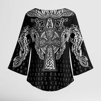 Viking Vegvisir Serpent Rune Cross Kimono Sleeve Blouse Nordic Knotwork Runic Engraving Style