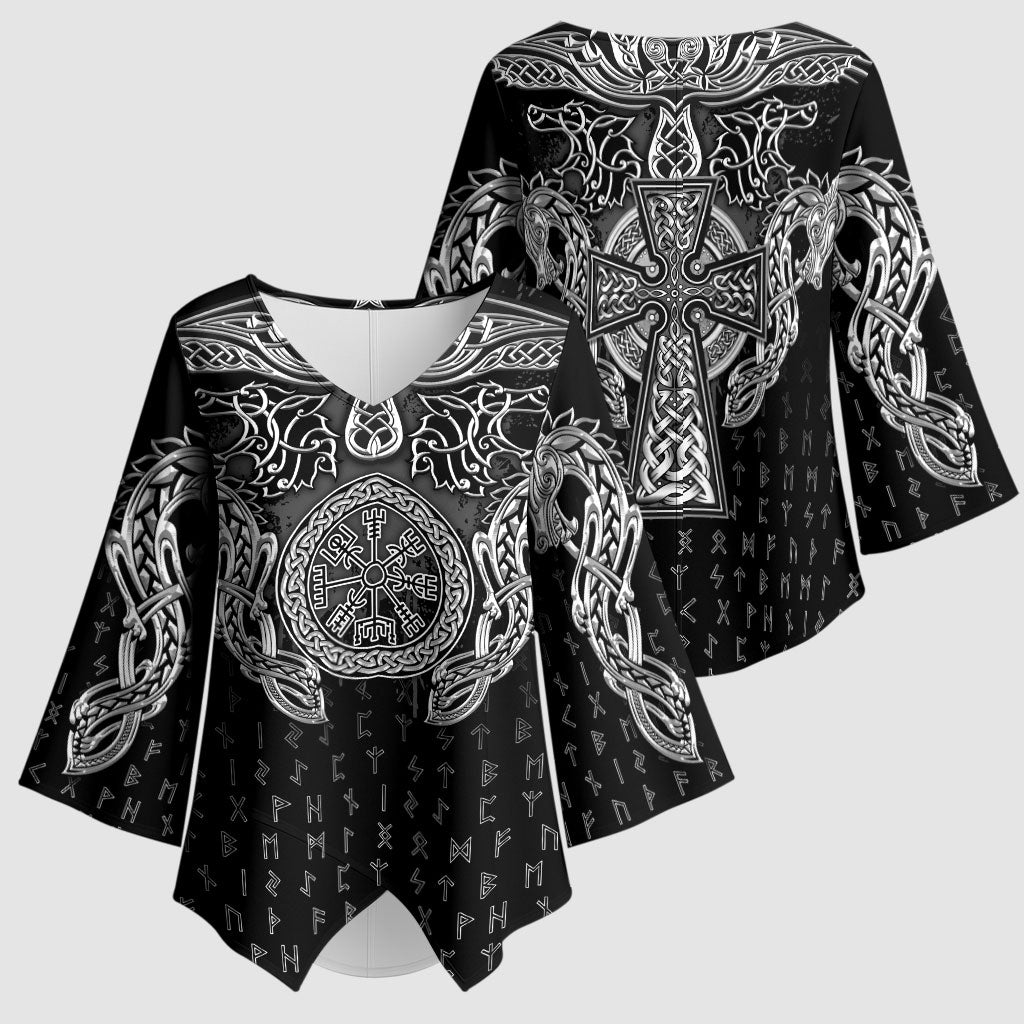 Viking Vegvisir Serpent Rune Cross Kimono Sleeve Blouse Nordic Knotwork Runic Engraving Style