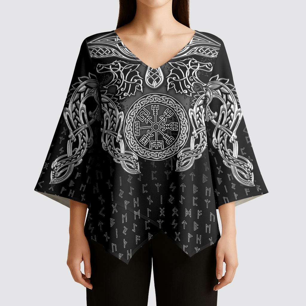 Viking Vegvisir Serpent Rune Cross Kimono Sleeve Blouse Nordic Knotwork Runic Engraving Style