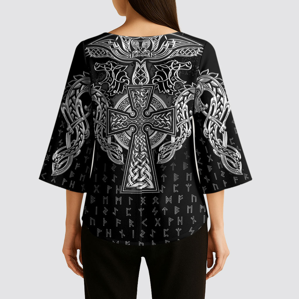 Viking Vegvisir Serpent Rune Cross Kimono Sleeve Blouse Nordic Knotwork Runic Engraving Style