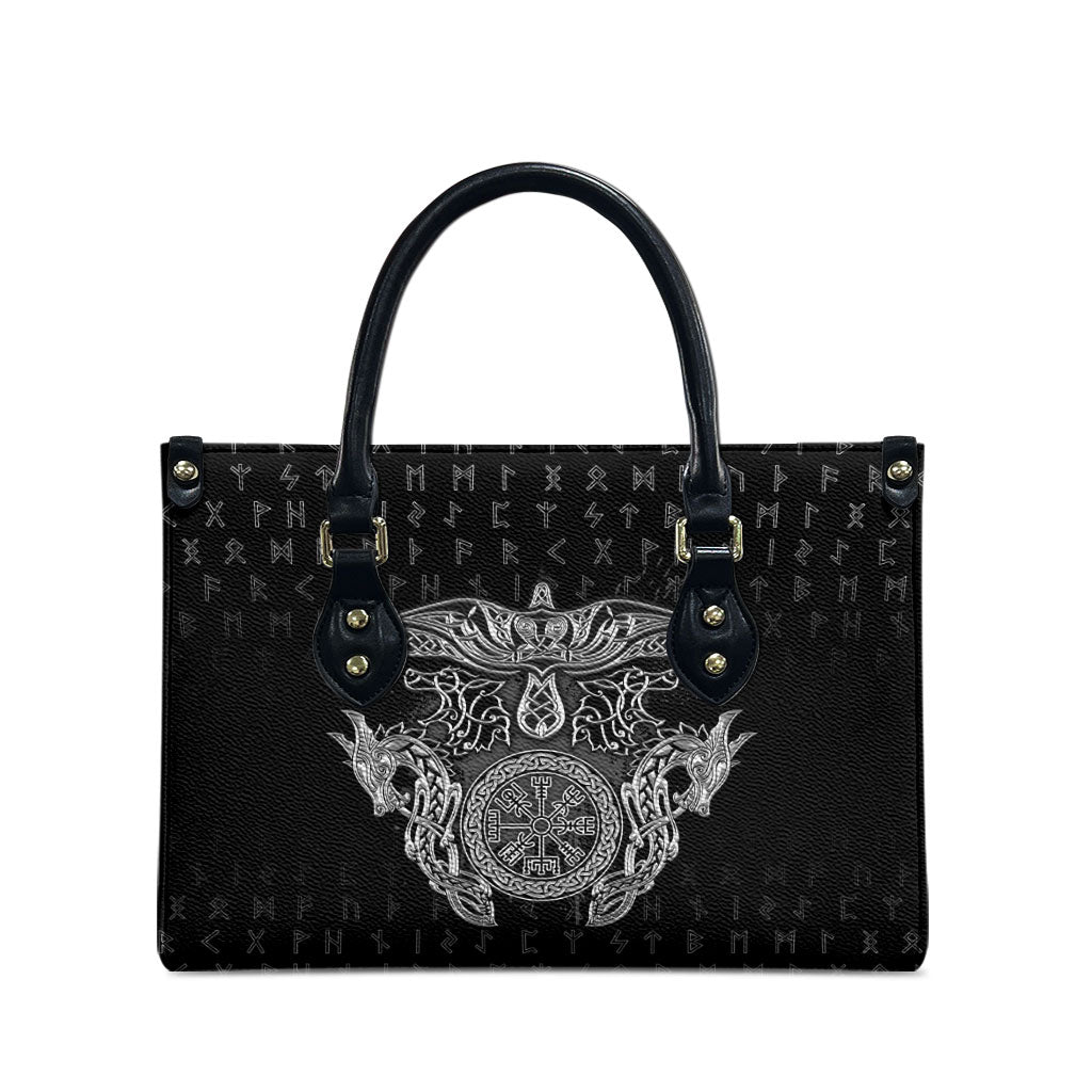 Viking Vegvisir Serpent Rune Cross Leather Bag Nordic Knotwork Runic Engraving Style