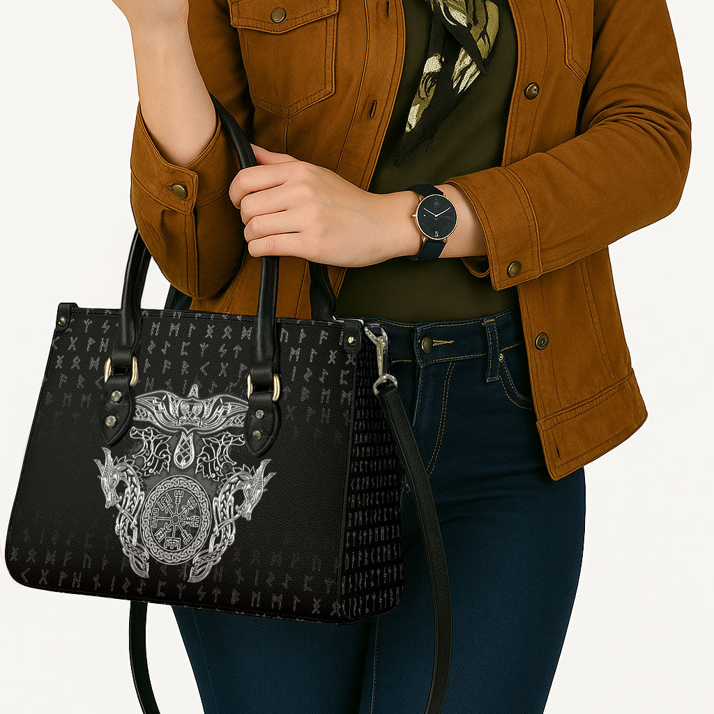 Viking Vegvisir Serpent Rune Cross Leather Bag Nordic Knotwork Runic Engraving Style