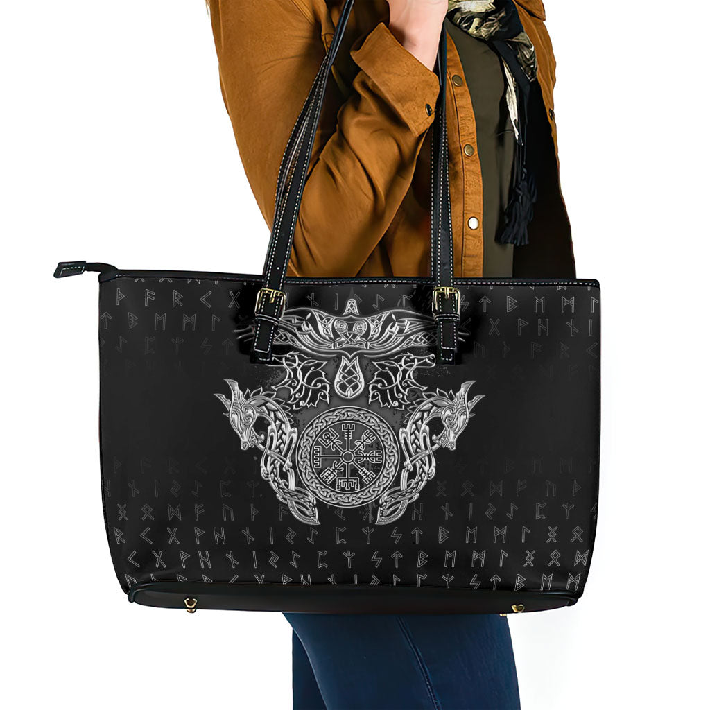 Viking Vegvisir Serpent Rune Cross Leather Tote Bag Nordic Knotwork Runic Engraving Style