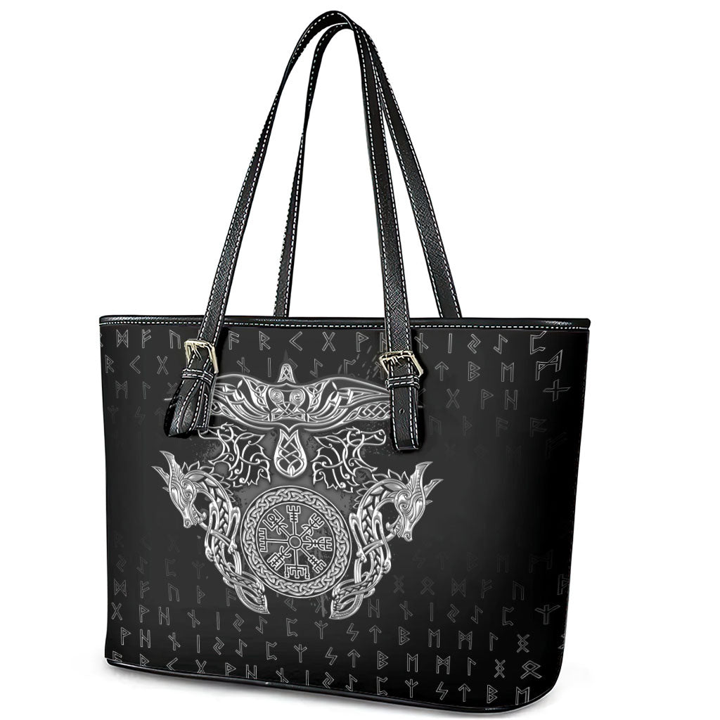 Viking Vegvisir Serpent Rune Cross Leather Tote Bag Nordic Knotwork Runic Engraving Style