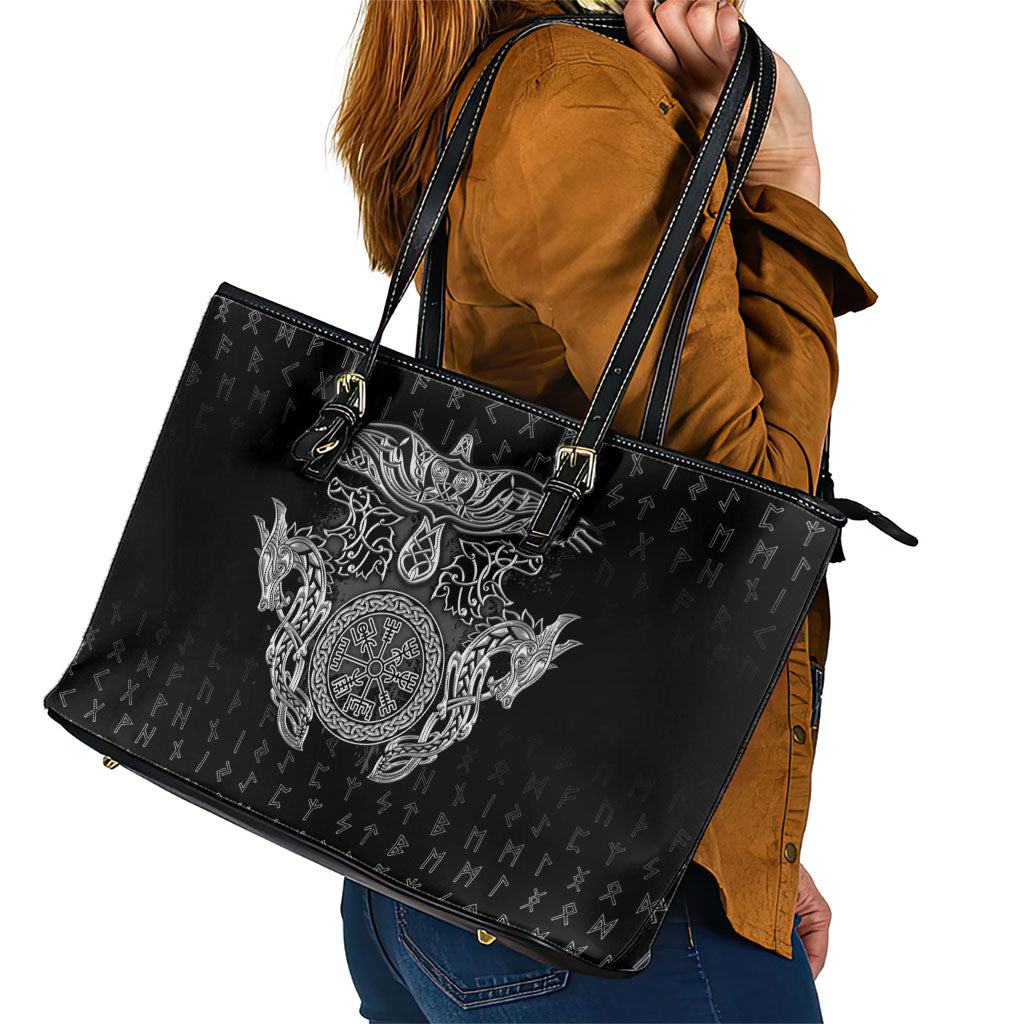 Viking Vegvisir Serpent Rune Cross Leather Tote Bag Nordic Knotwork Runic Engraving Style