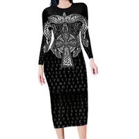 Viking Vegvisir Serpent Rune Cross Long Sleeve Bodycon Dress Nordic Knotwork Runic Engraving Style