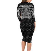 Viking Vegvisir Serpent Rune Cross Long Sleeve Bodycon Dress Nordic Knotwork Runic Engraving Style