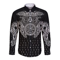 Viking Vegvisir Serpent Rune Cross Long Sleeve Button Shirt Nordic Knotwork Runic Engraving Style