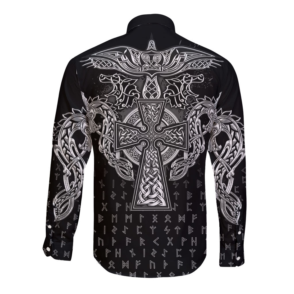 Viking Vegvisir Serpent Rune Cross Long Sleeve Button Shirt Nordic Knotwork Runic Engraving Style