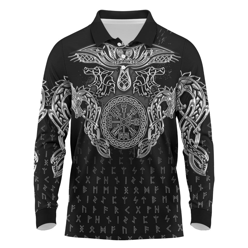 Viking Vegvisir Serpent Rune Cross Long Sleeve Polo Shirt Nordic Knotwork Runic Engraving Style