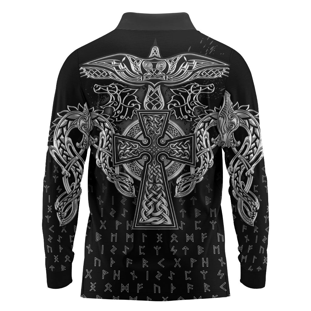 Viking Vegvisir Serpent Rune Cross Long Sleeve Polo Shirt Nordic Knotwork Runic Engraving Style