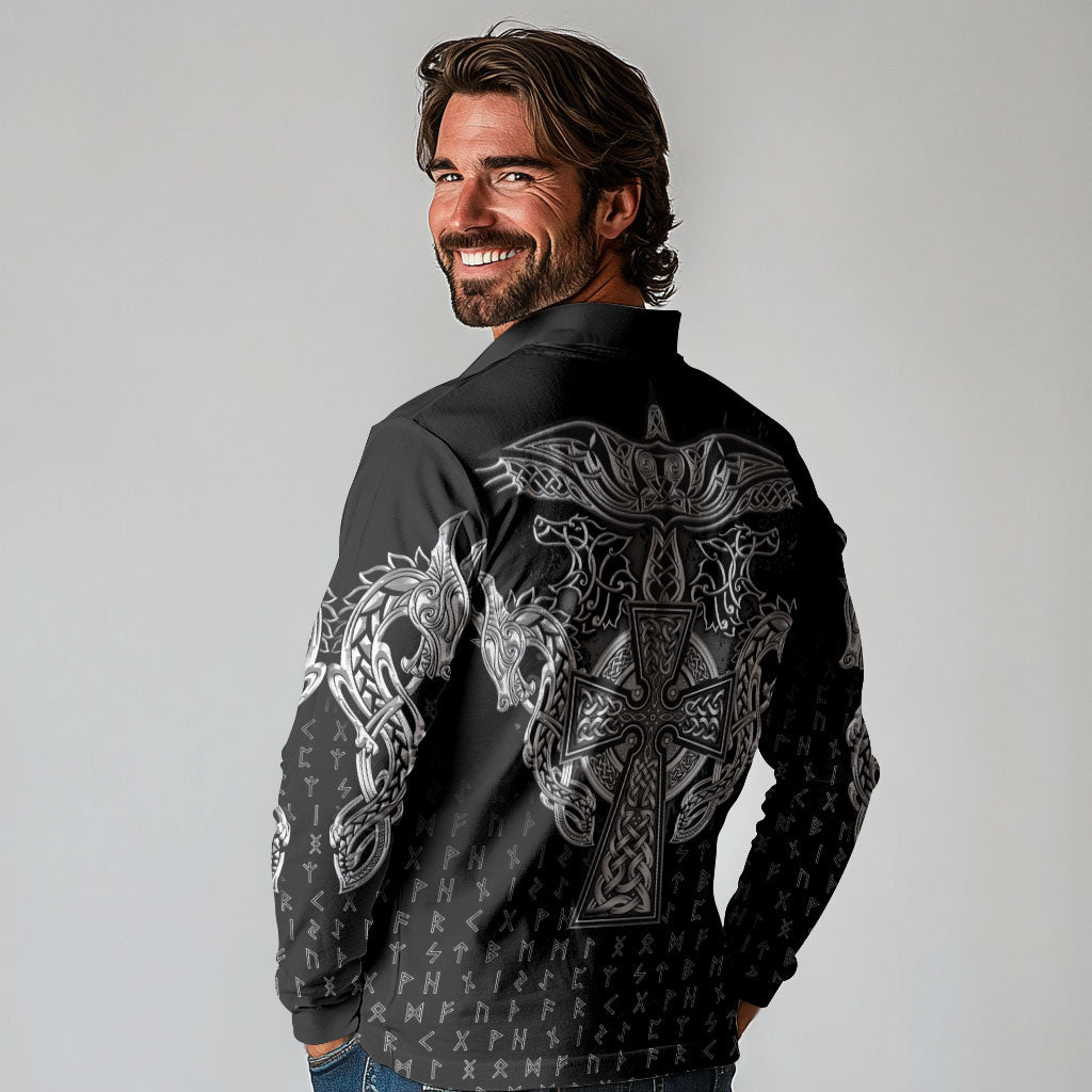 Viking Vegvisir Serpent Rune Cross Long Sleeve Polo Shirt Nordic Knotwork Runic Engraving Style