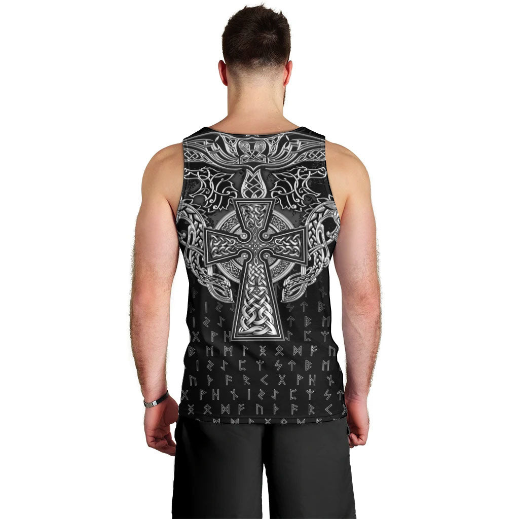 Viking Vegvisir Serpent Rune Cross Men Tank Top Nordic Knotwork Runic Engraving Style