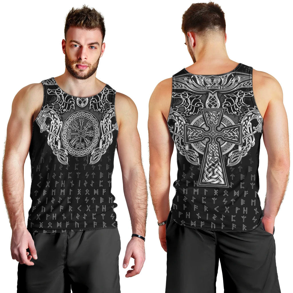 Viking Vegvisir Serpent Rune Cross Men Tank Top Nordic Knotwork Runic Engraving Style