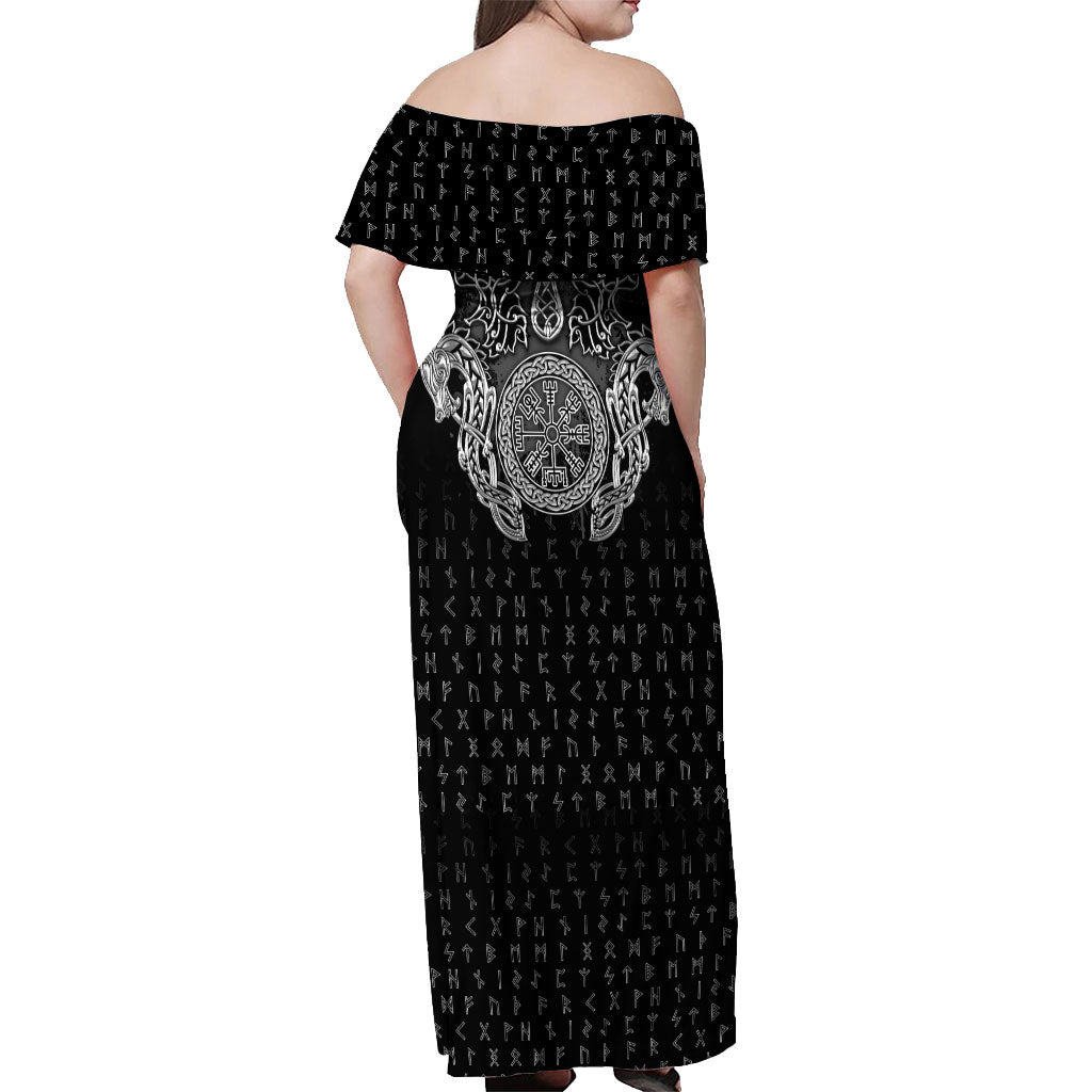 Viking Vegvisir Serpent Rune Cross Off Shoulder Maxi Dress Nordic Knotwork Runic Engraving Style