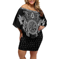 Viking Vegvisir Serpent Rune Cross Off Shoulder Short Dress Nordic Knotwork Runic Engraving Style
