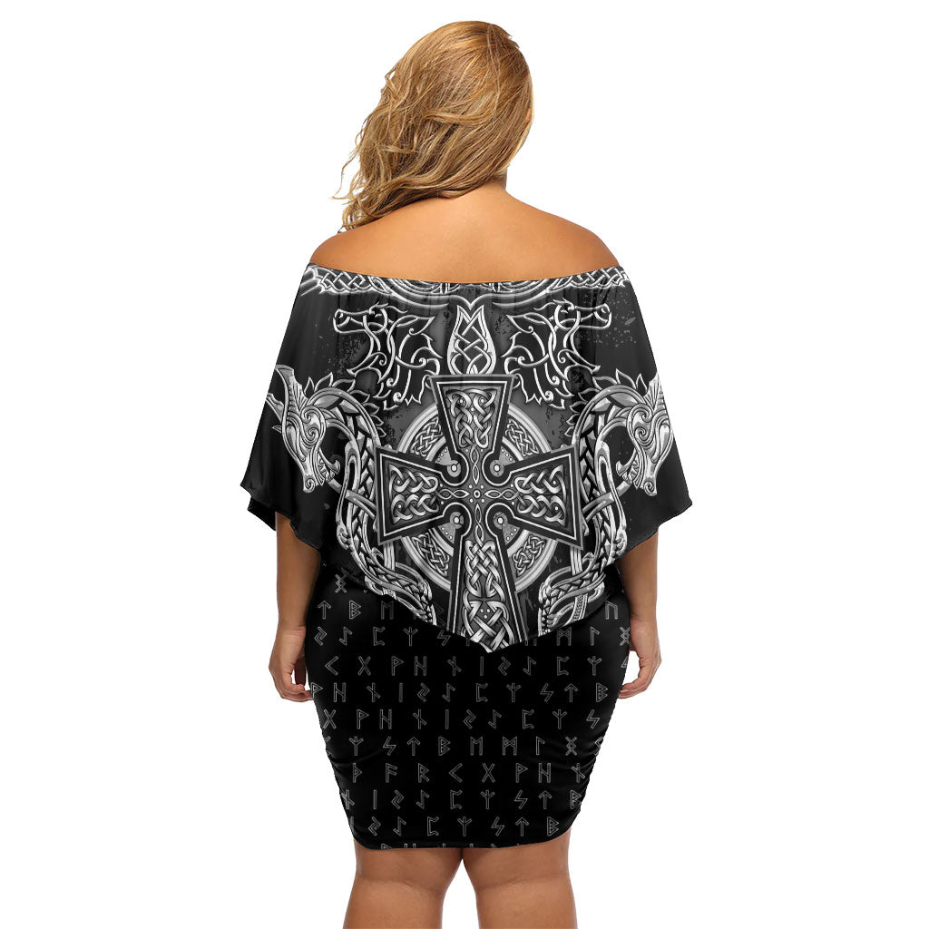 Viking Vegvisir Serpent Rune Cross Off Shoulder Short Dress Nordic Knotwork Runic Engraving Style