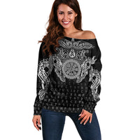 Viking Vegvisir Serpent Rune Cross Off Shoulder Sweater Nordic Knotwork Runic Engraving Style