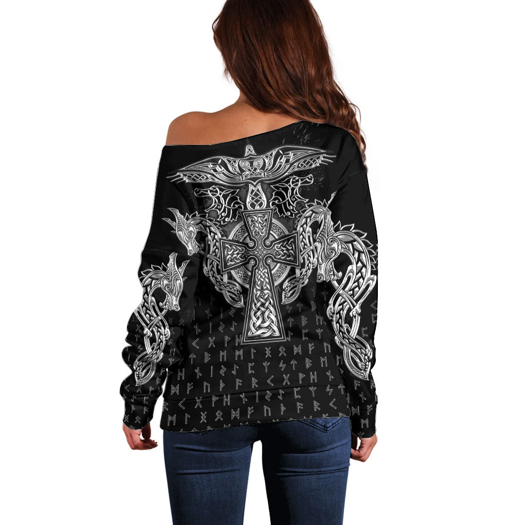 Viking Vegvisir Serpent Rune Cross Off Shoulder Sweater Nordic Knotwork Runic Engraving Style