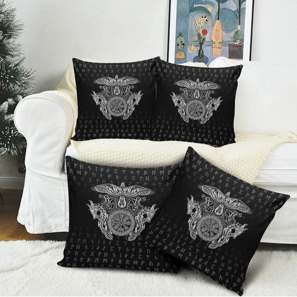 Viking Vegvisir Serpent Rune Cross Pillow Cover Nordic Knotwork Runic Engraving Style