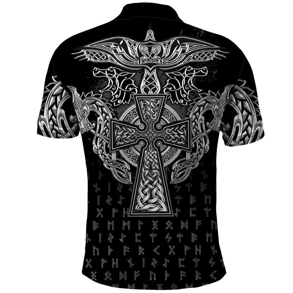 Viking Vegvisir Serpent Rune Cross Polo Shirt Nordic Knotwork Runic Engraving Style