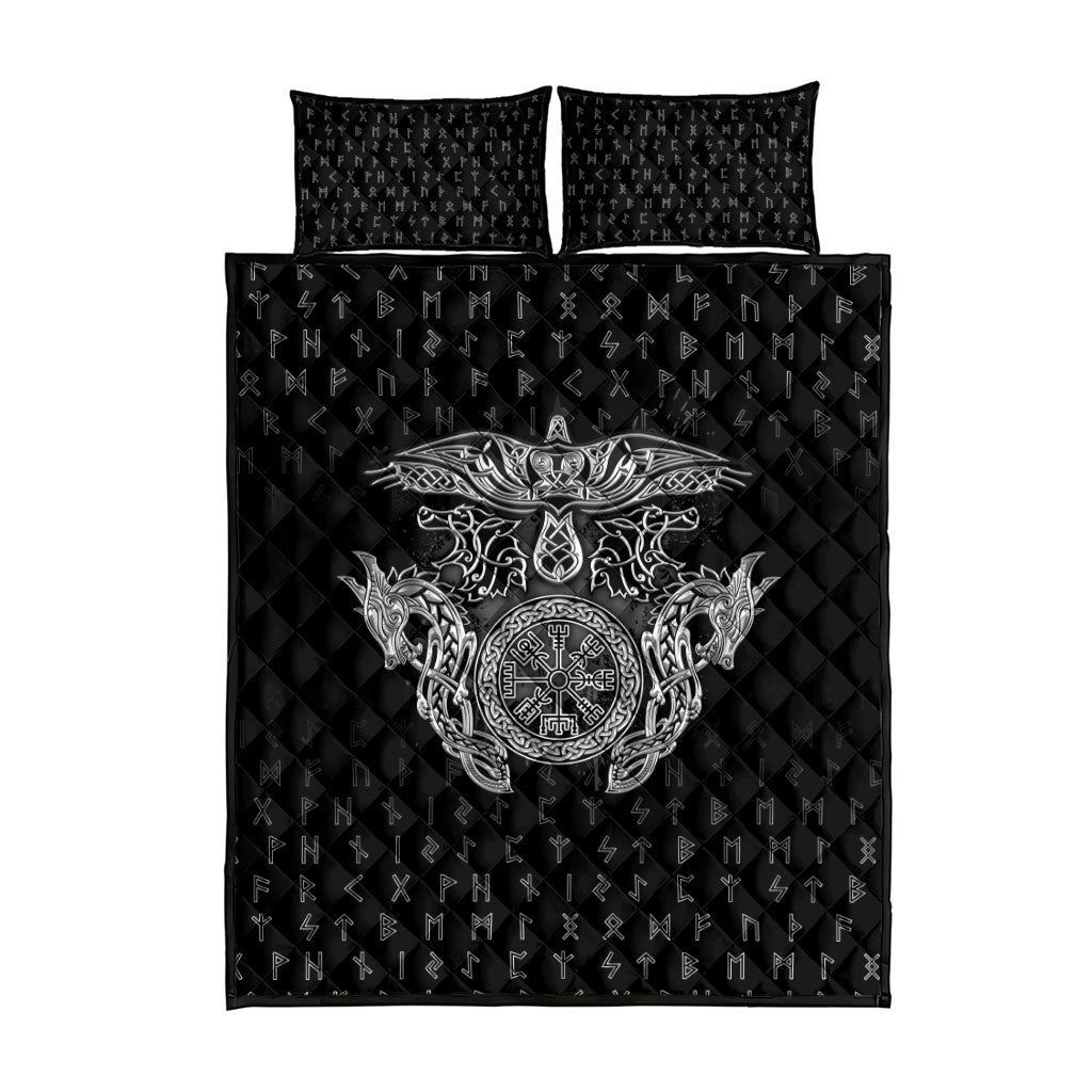 Viking Vegvisir Serpent Rune Cross Quilt Bed Set Nordic Knotwork Runic Engraving Style
