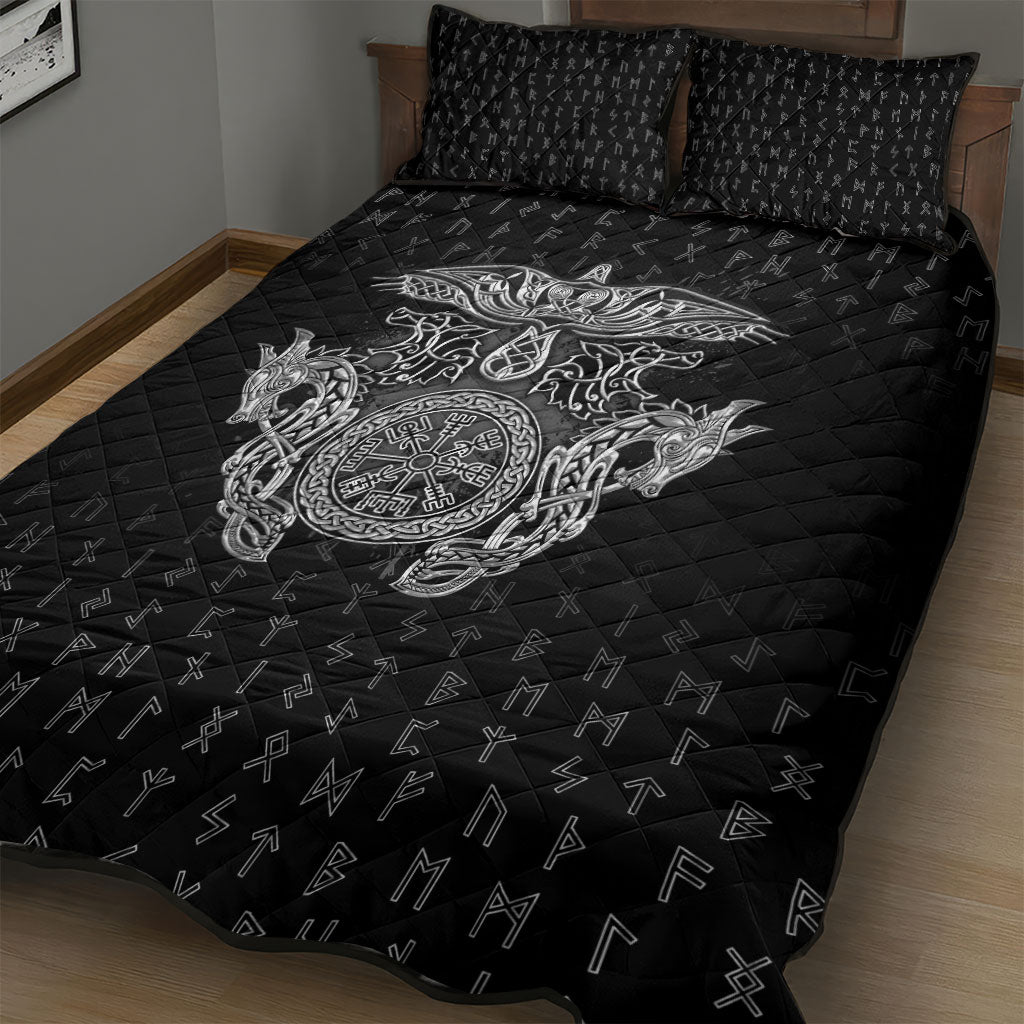 Viking Vegvisir Serpent Rune Cross Quilt Bed Set Nordic Knotwork Runic Engraving Style