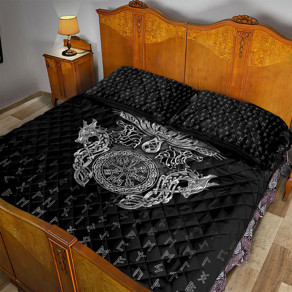 Viking Vegvisir Serpent Rune Cross Quilt Bed Set Nordic Knotwork Runic Engraving Style