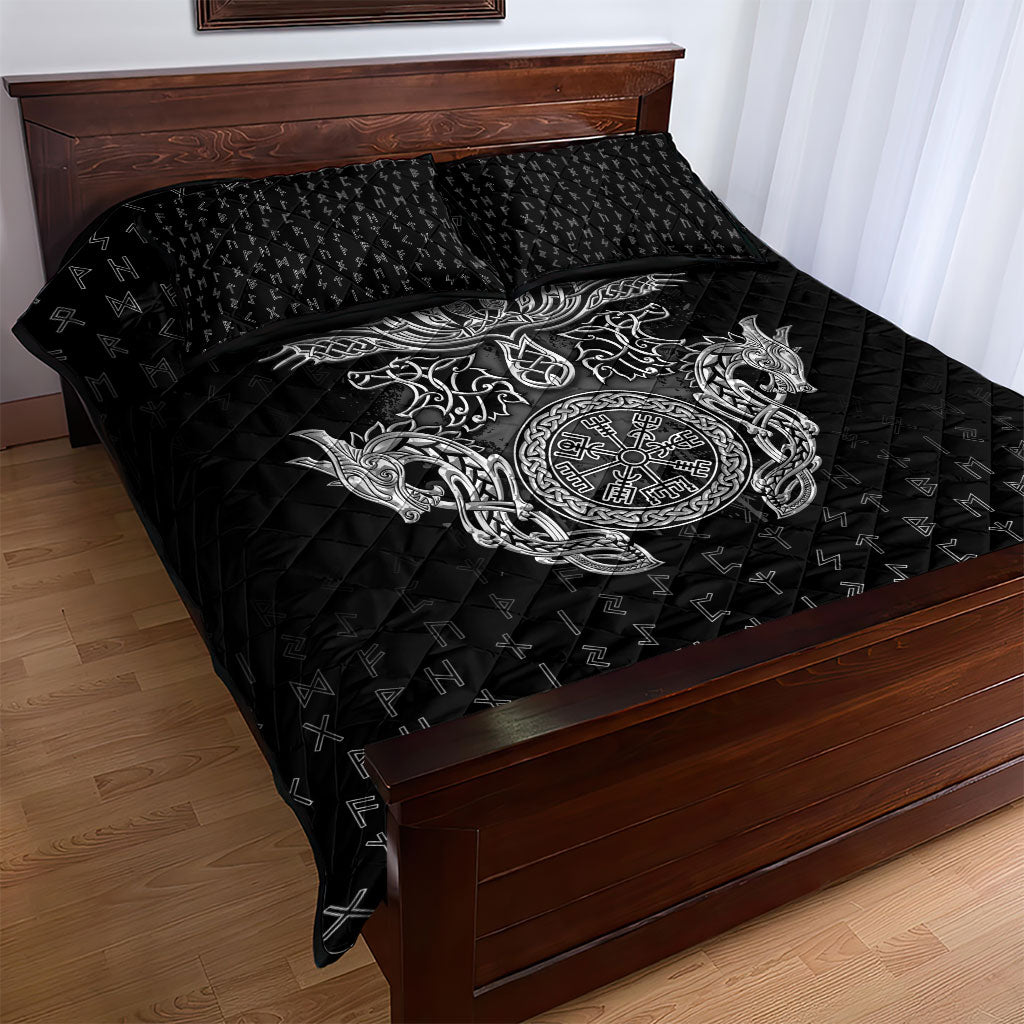 Viking Vegvisir Serpent Rune Cross Quilt Bed Set Nordic Knotwork Runic Engraving Style