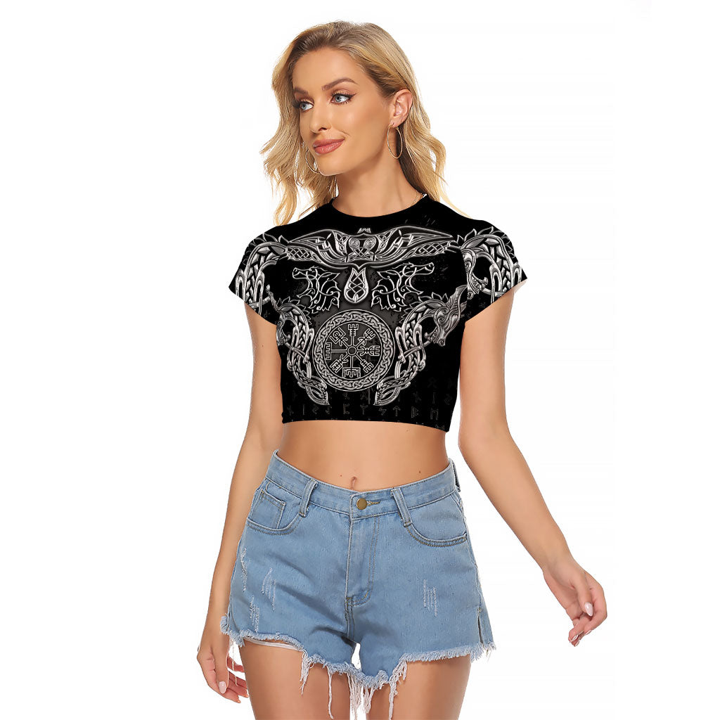 Viking Vegvisir Serpent Rune Cross Raglan Cropped T Shirt Nordic Knotwork Runic Engraving Style