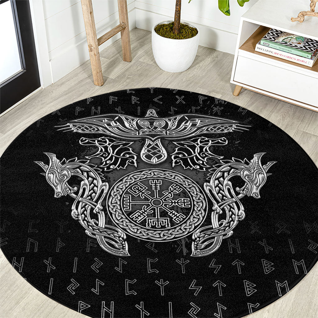Viking Vegvisir Serpent Rune Cross Round Carpet Nordic Knotwork Runic Engraving Style