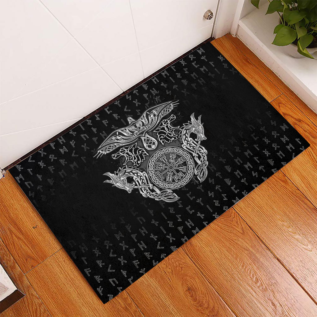 Viking Vegvisir Serpent Rune Cross Rubber Doormat Nordic Knotwork Runic Engraving Style