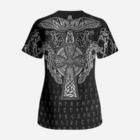 Viking Vegvisir Serpent Rune Cross Scrub Top Nordic Knotwork Runic Engraving Style
