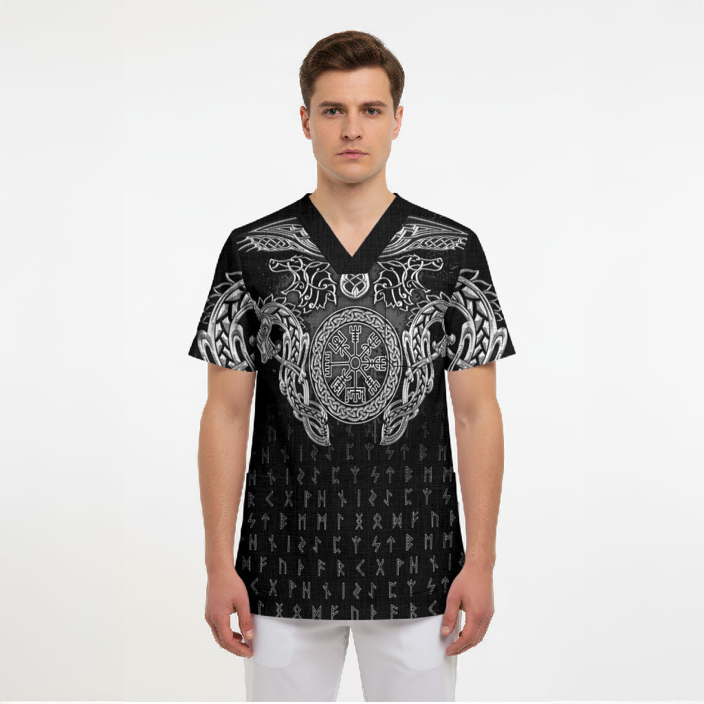 Viking Vegvisir Serpent Rune Cross Scrub Top Nordic Knotwork Runic Engraving Style