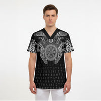 Viking Vegvisir Serpent Rune Cross Scrub Top Nordic Knotwork Runic Engraving Style