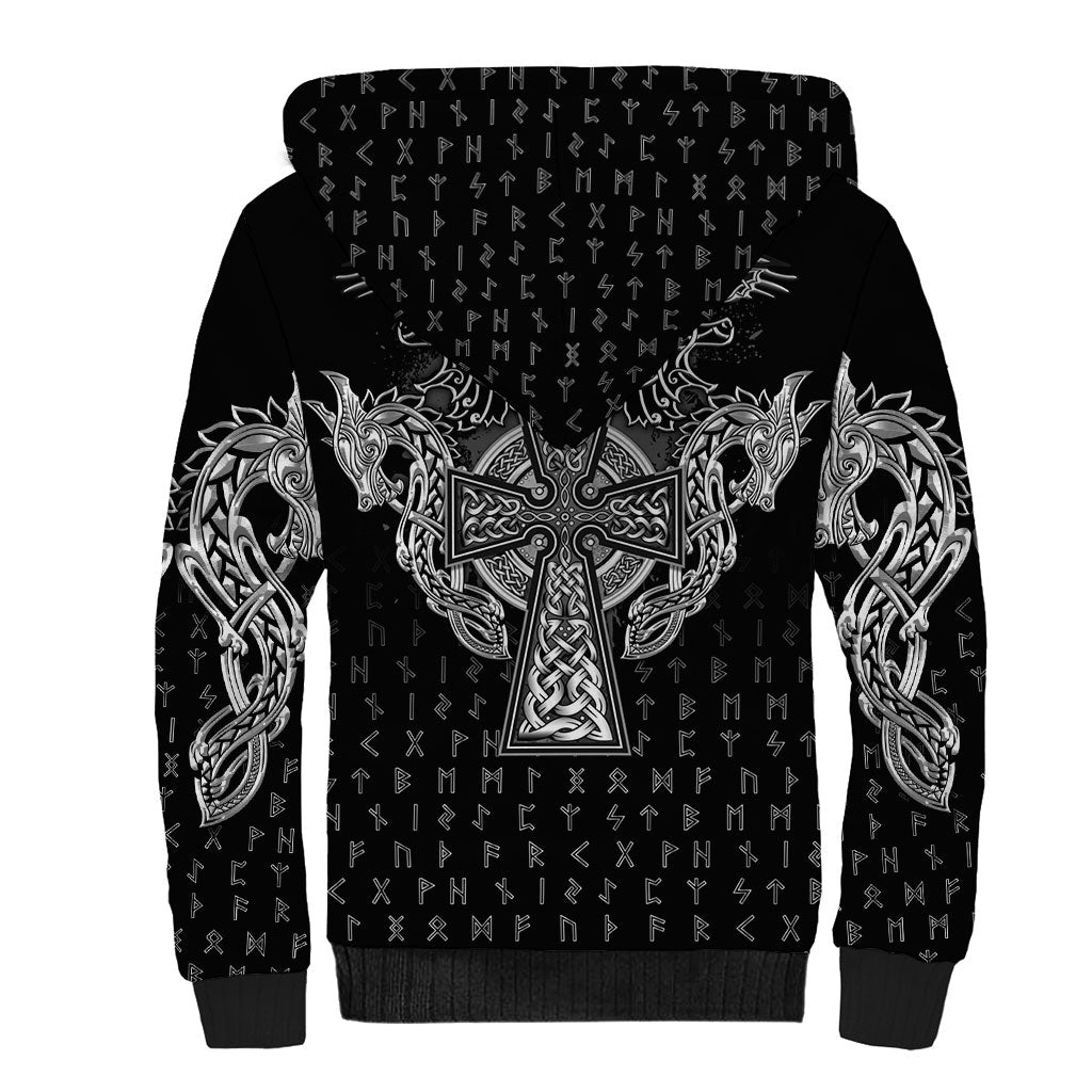 Viking Vegvisir Serpent Rune Cross Sherpa Hoodie Nordic Knotwork Runic Engraving Style